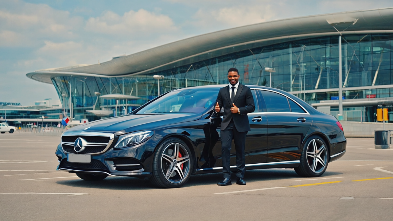 Professional chauffeur with luxury Mercedes at airport